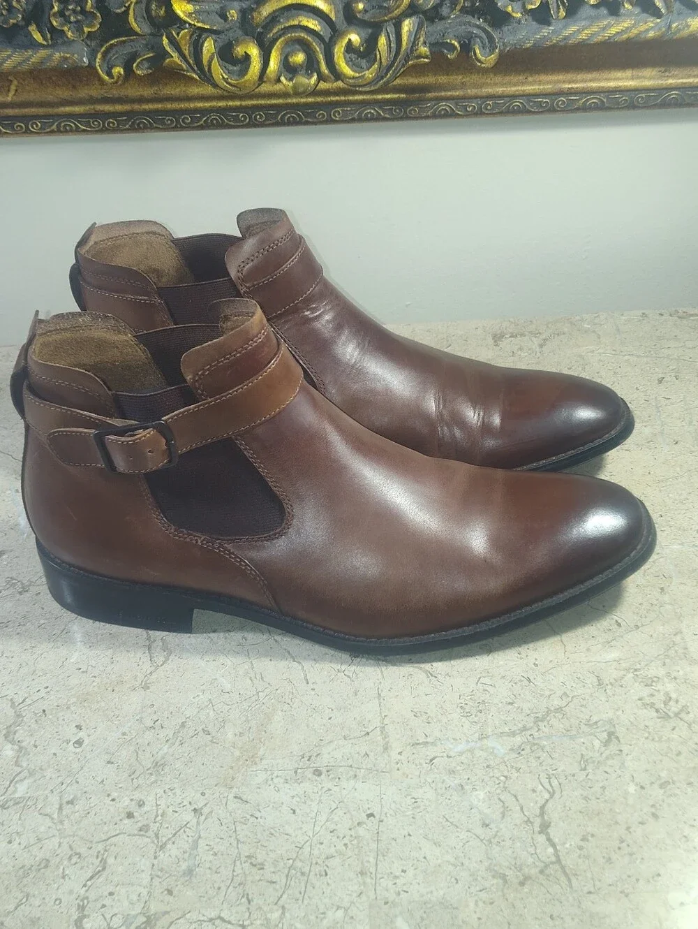 Kenneth Cole Brown Leather Roy Chelsea Boots with Side Buckle
